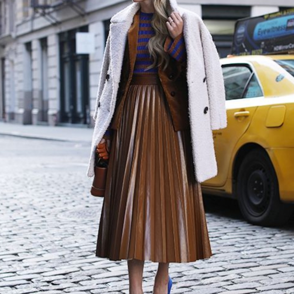 H&M Brown Leather Midi A-Line Pleated Skirt Full Circle